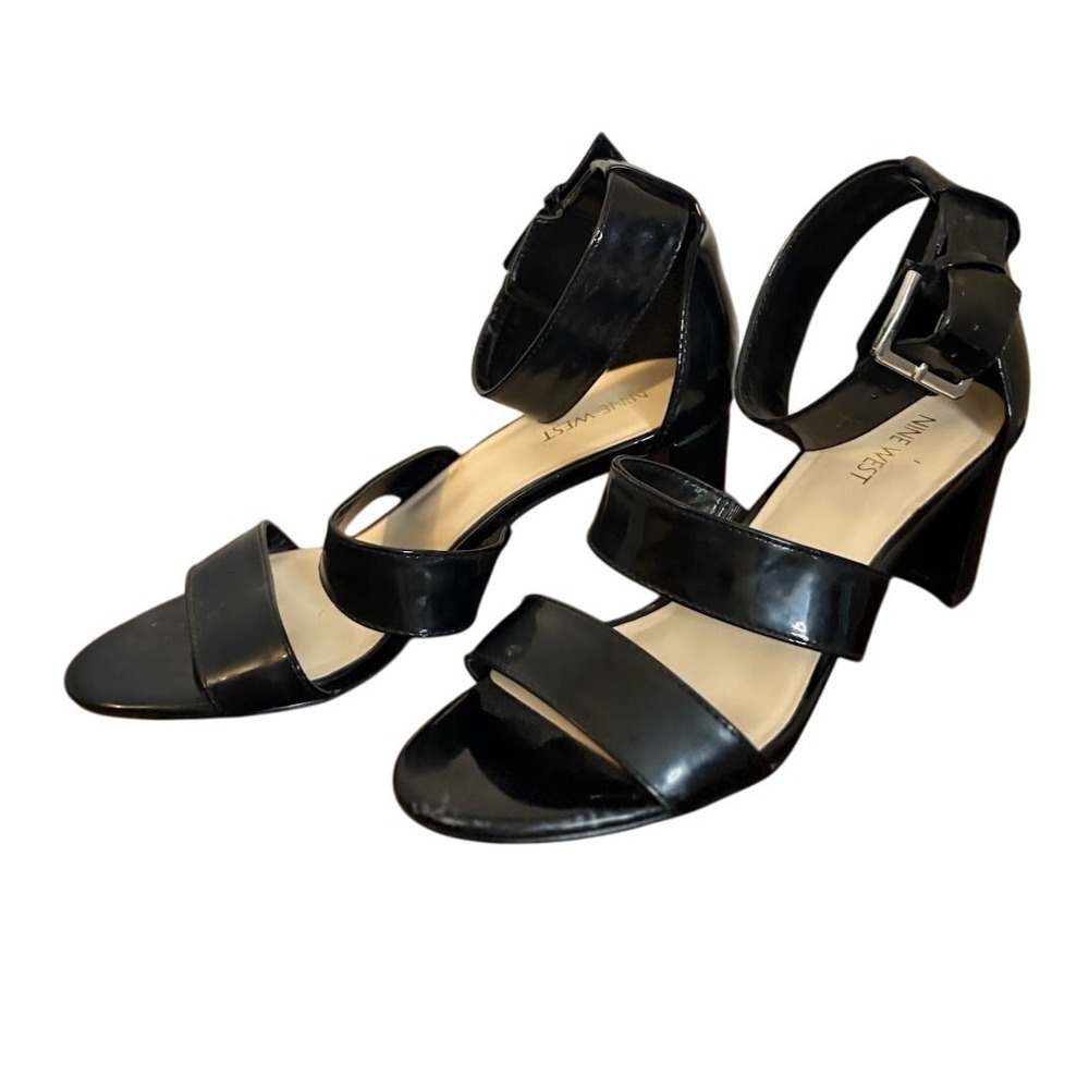 Nine West Black Patent Leather Block‎ Heel Sandals - Size 9M